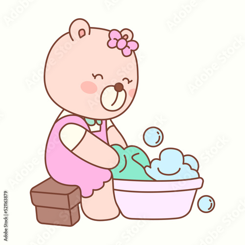Little girl bear cleans cute colorful clothes_P3