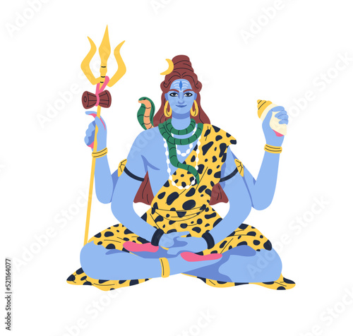 Shiva, Indian Hindu lord. Hinduism god of yoga, meditation. Shivratri divinity, yogi. India divine deity character with serpent, trident. Flat vector illustration isolated on white background