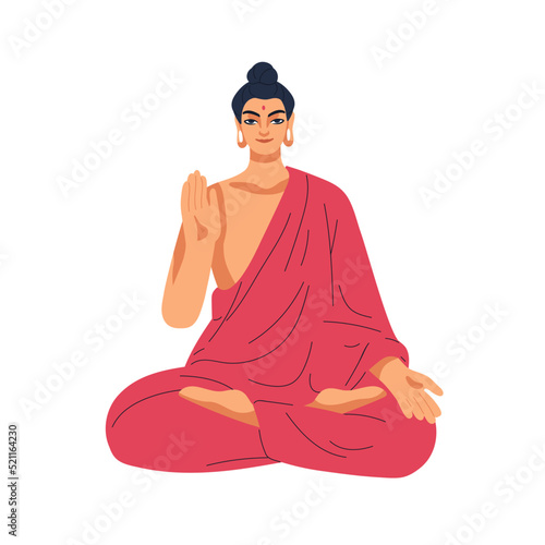 Gautama Buddha, Indian god teacher of Buddhism in India. Hindu hinduism human deity sitting in buddhist lotus pose with anhaya palm gesture mudra. Flat vector illustration isolated on white background