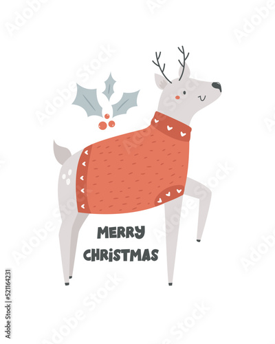 Christmas holiday card with funny reindeer in a knitted sweater
