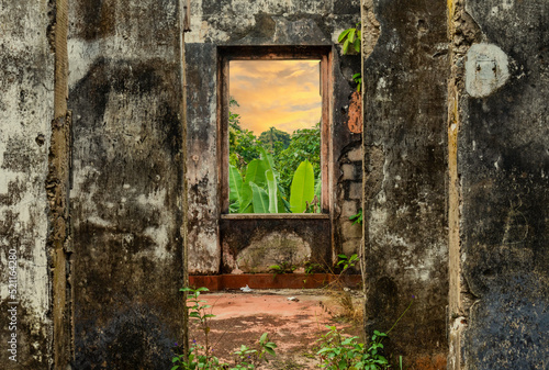 Fototapeta Naklejka Na Ścianę i Meble -  View of the beautiful tropical foliage from the window of an old abandoned hospital on the island of Príncipe.