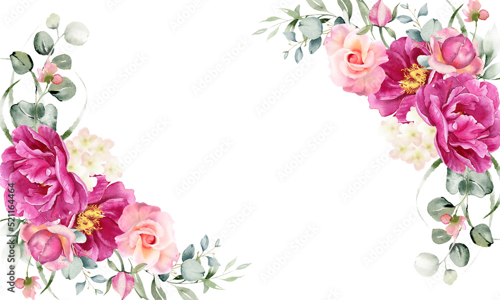 Watercolor background with pink peony, rose flower, hydrangea and eucalyptus leaves. Floral border for card, invitation, decoration. Illustration isolated on white 