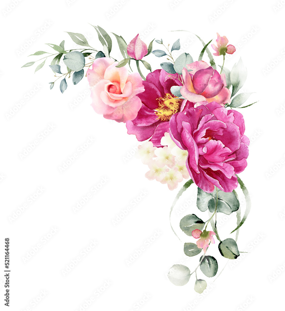 Watercolor flowers corner border bouquet. Pink peony, rose flower, hydrangea and eucalyptus leaves. Floral arrangement for card, invitation, decoration. Illustration isolated on white background