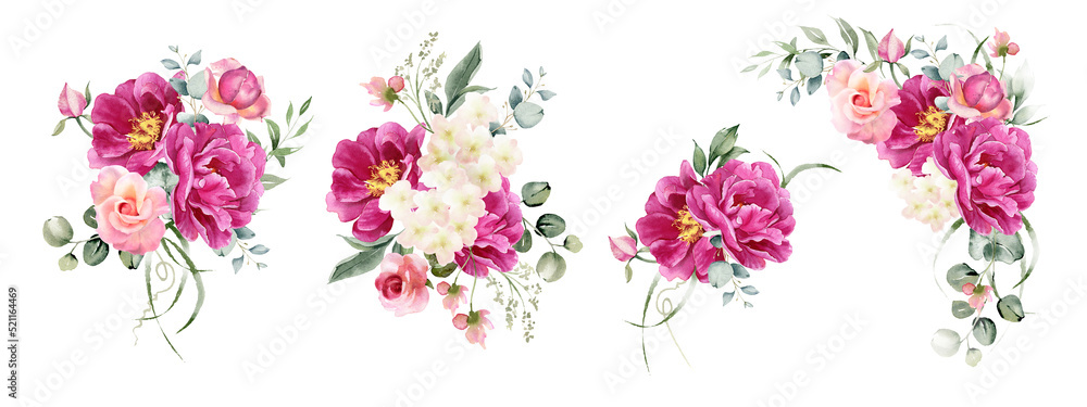 Watercolor flowers bouquet set. Pink peony, rose flower, hydrangea and eucalyptus leaves. Floral arrangement for card, invitation, decoration. Illustration isolated on white background Watercolor flowers bouquet set. Pink peony, rose flower, hydrangea and eucalyptus leaves. Floral arrangement for card, invitation, decoration. Illustration isolated on white background