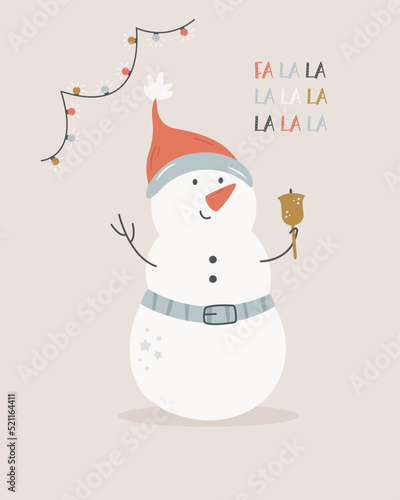 Christmas holiday card with funny snowman and decorative garland