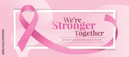 We are stronger together, Breast cancer awareness month text in white frame and pink ribbon rolling around on curve soft pink background vector Design