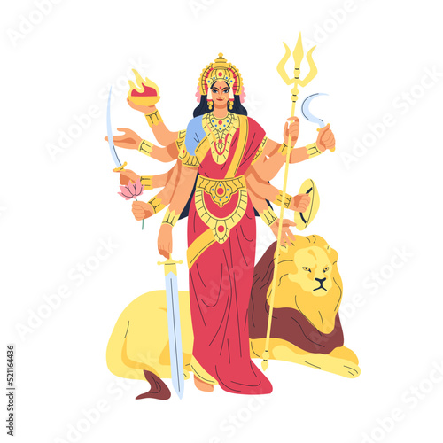 Durga Jagadamaba, Indian warrior goddess. Hindu female deity of war. India hinduism woman character with weapons, lion. Martial divinity avatar. Flat vector illustration isolated on white background