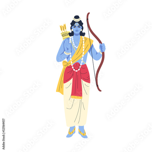 Indian god Rama. Hindu divine archer character. Male Ram deity statue holding arrows and bow. india Hinduism mythology. Traditional divinity. Flat vector illustration isolated on white background