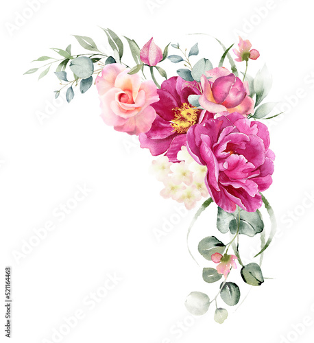 Watercolor flowers corner border bouquet. Pink peony  rose flower  hydrangea and eucalyptus leaves. Floral arrangement for card  invitation  decoration. Illustration isolated on white background