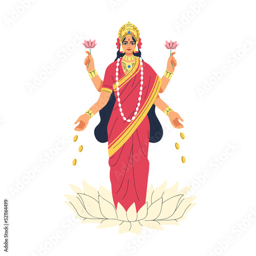 Lakshmi goddess of Hinduism, India. Divine Laxmi, Indian female Hindu character of wealth, gold. Ancient mythology woman deity of prosperity. Flat vector illustration isolated on white background