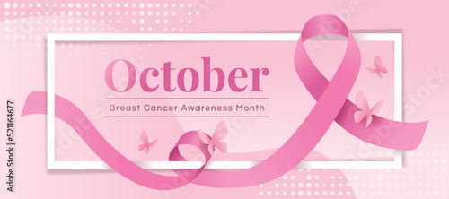 October, Breast cancer awareness month text in white frame and pink ribbon rolling around with butterfly on curve soft pink background vector Design