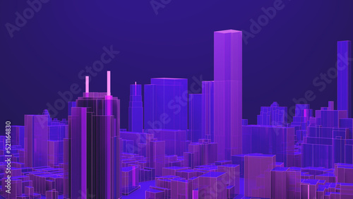 Side view on metaverse city. Ultraviolet cyberpunk town. 3d render illustration
