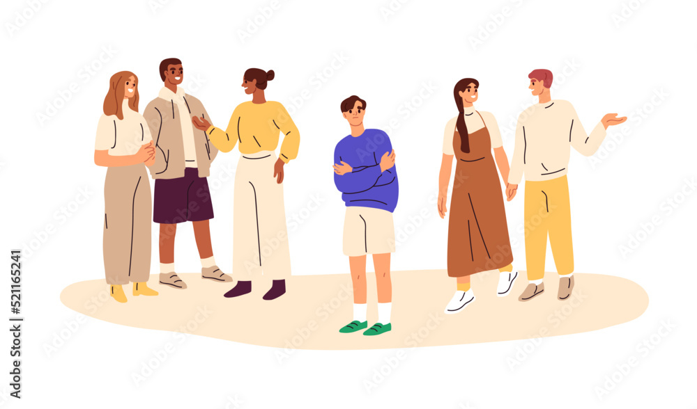 SAD, social phobia, anxiety disorder, psychology concept. Shy confused person feeling uncomfortable, discomfort, panic among people, public. Flat vector illustration isolated on white background - obrazy, fototapety, plakaty 