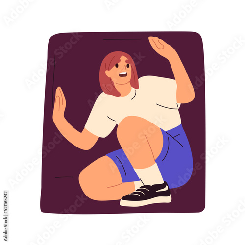 Claustrophobia, psychology concept. Person limited in narrow closed space. Woman with panic attack, anxiety, fear, phobia of confined places. Flat vector illustration isolated on white background