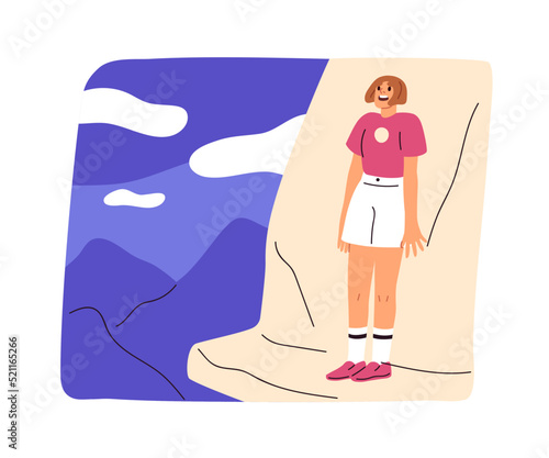 Fear of heights, acrophobia concept. Person in danger, threat, risk, standing on cliff edge and screaming. Psychology phobia, anxiety disorder. Flat vector illustration isolated on white background