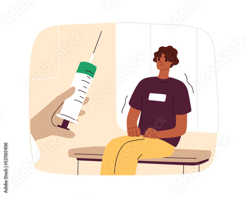 Fear of needles concept. Patient with phobia of syringe injections, trypanophobia. Scared person afraid of medical shots, vaccine, doctor. Flat vector illustration isolated on white background
