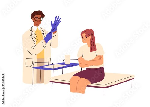 Stressed patient with phobia of doctors and medical test, checkup. Person feeling mental discomfort, fear, panic in hospital, afraid of treatment. Flat vector illustration isolated on white background