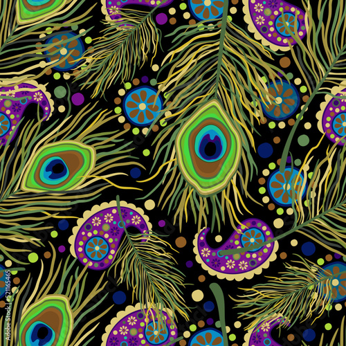 Vector seamless pattern with peacock feathers and paisley on black background.