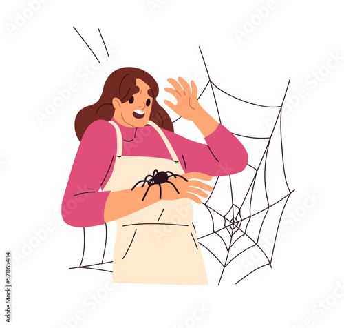 Woman afraid of spiders, web. Scared frightened anxious fearful person in panic with arachnid insect. Arachnophobia, phobia psychology concept. Flat vector illustration isolated on white background