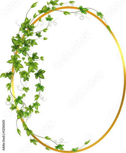 Golden frame with green branch.Abstract invitation design with leaves, tvigs and geometric frame.Herbal minimalistic vector frame.Greenery wedding square invitation.