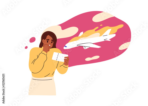Aerophobia, fear of flying by air plane concept. Psychology disorder, phobia of airplane travel, flights. Person in panic, afraid of aeroplane. Flat vector illustration isolated on white background