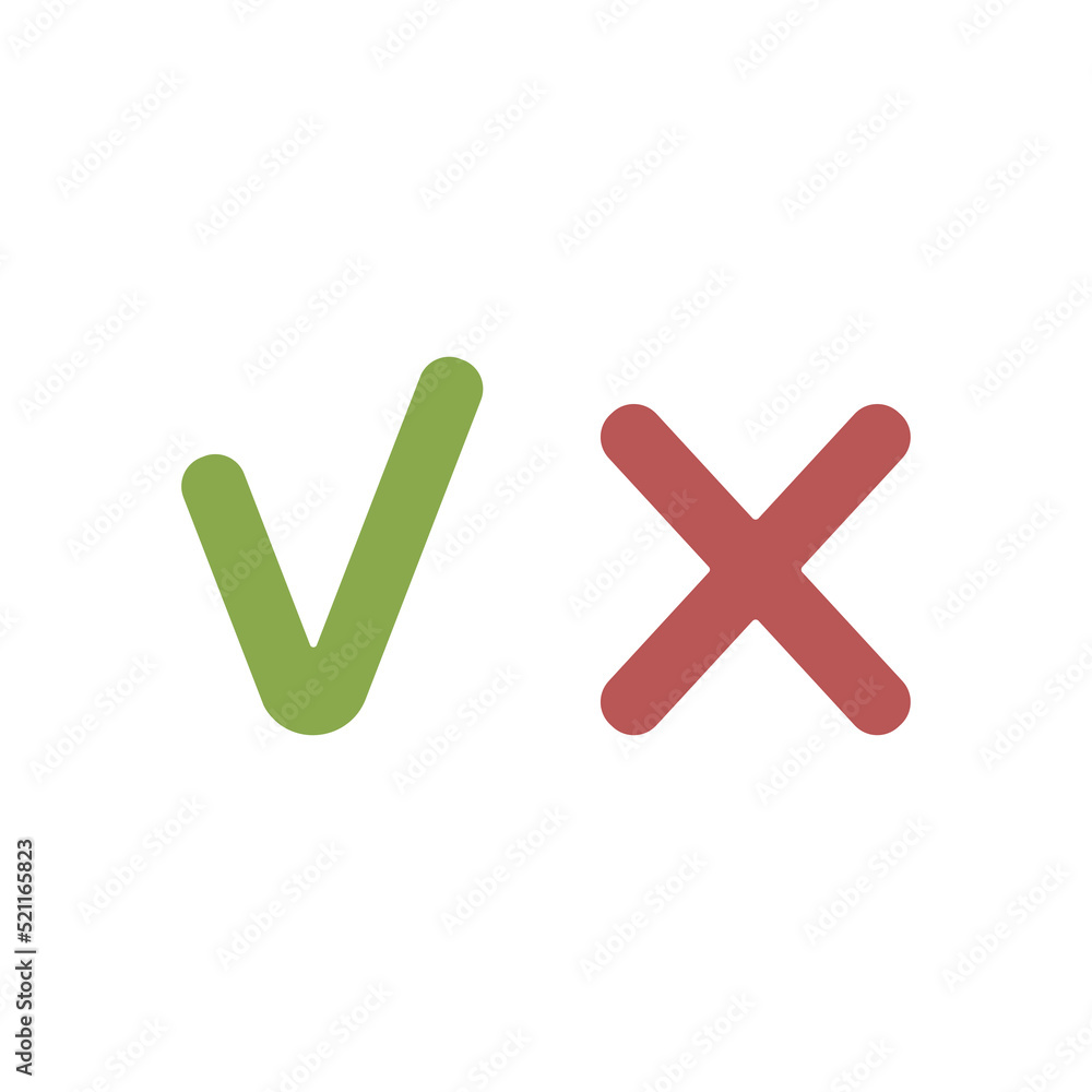 Green tick check mark and cross mark symbols icon element. Choice concept. Simple yes and no graphic design, checkmark symbol accepted and rejected. Decision making. Green tick check mark and cross mark symbols icon element. Choice concept. Simple yes and no graphic design, checkmark symbol accepted and rejected. Decision making.