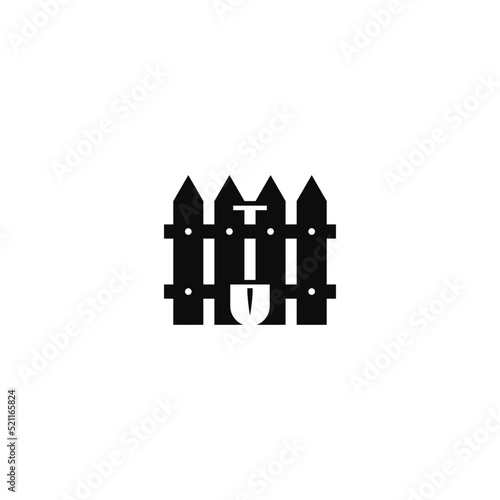 Fence combination with spade, negative space. Logo design.
