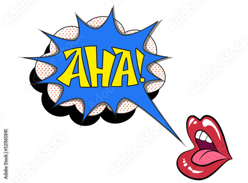 Comic lettering aha with red lips and an open mouth. Vector bright cartoon illustration in retro pop art style. Comic text sound effects.