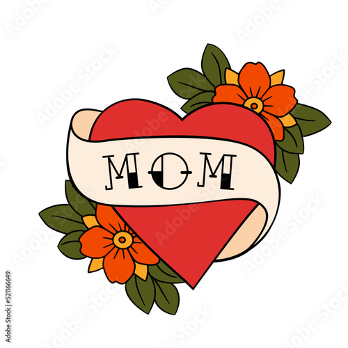 Tattoo Heart with ribbon and the word mom . Old school retro vector illustration.