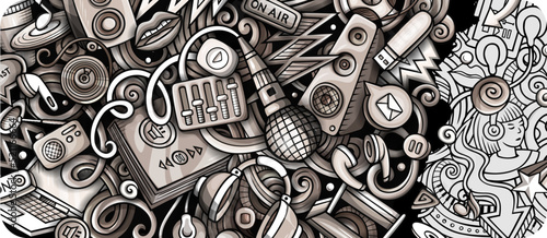 Audio Content doodle banner. Cartoon vector flyer