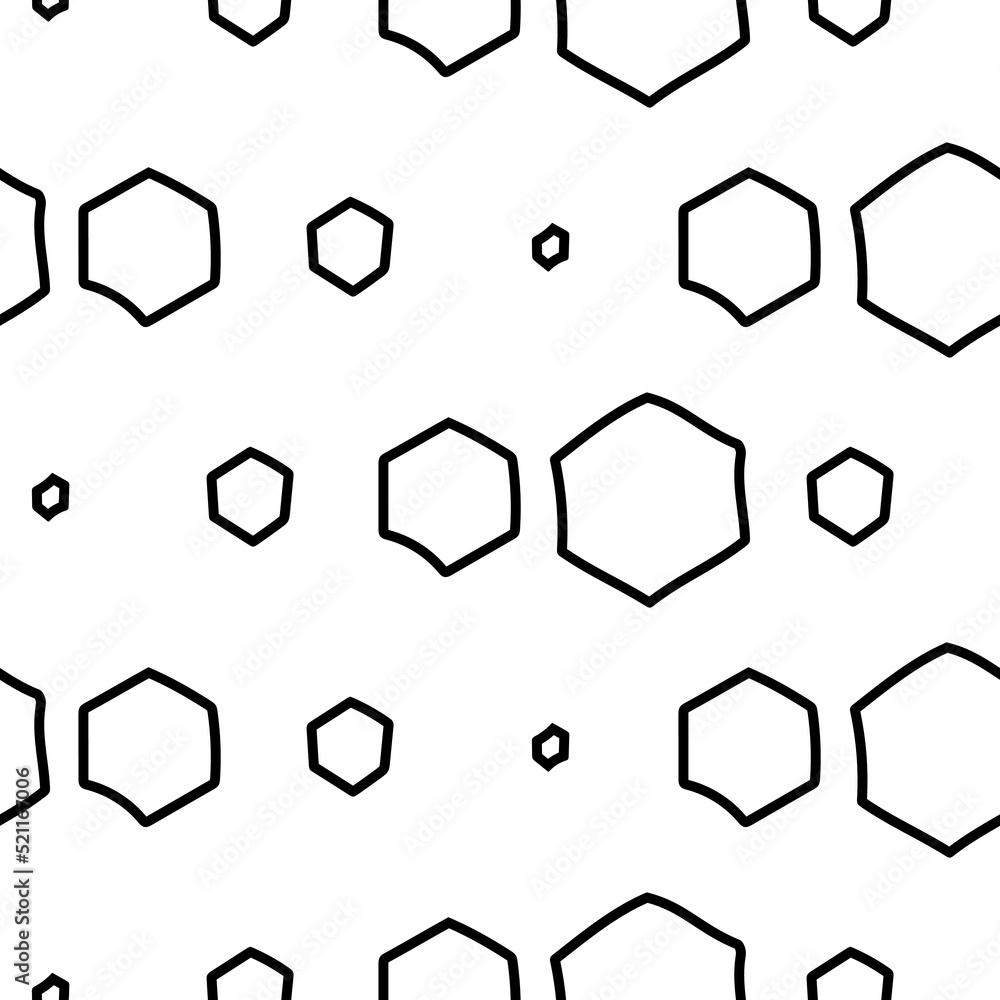 Vector. The texture of the contour hexagon. Monochrome, black and white, grey  geometric seamless pattern. Mosaic abstract background. Hexagonal repeating hand drawn geometric polygon texture.