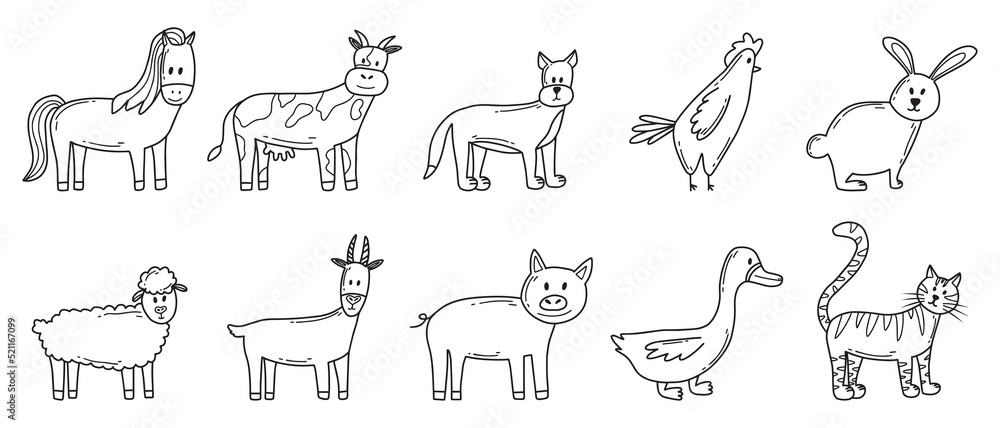 Vector set of farm animals. Cute farm animals cat, dog, horse, pig, cow, goat. Vector illustration. Doodle style. Vector set of farm animals. Cute farm animals cat, dog, horse, pig, cow, goat. Vector illustration. Doodle style.