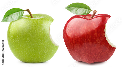 Set of bitten green and red apples, isolated on white background