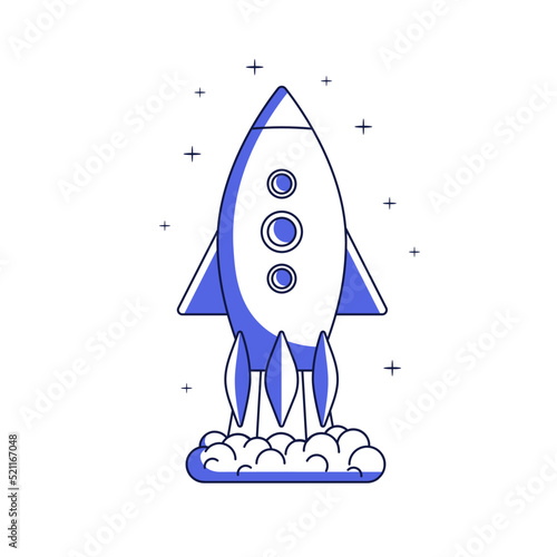 Rocket ship launching to cosmos. Aerospace shuttle travel, expedition. Future rocketship, spaceship flight. Space tourism concept. Line art flat vector illustration isolated on white background