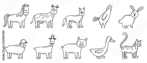 Vector set of farm animals. Cute farm animals cat, dog, horse, pig, cow, goat. Vector illustration. Doodle style.