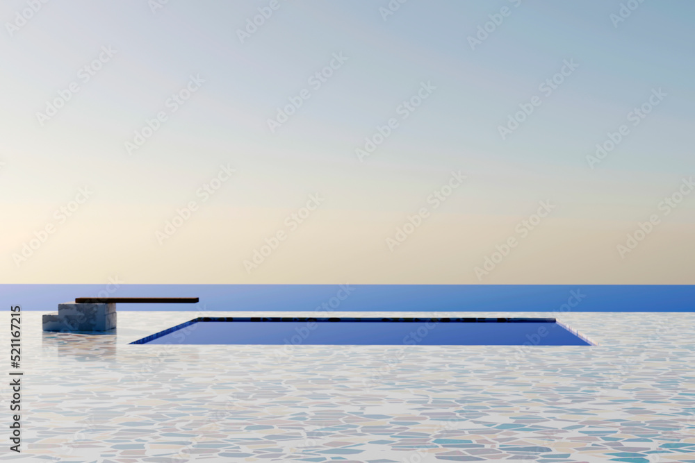 Obraz premium Private swimming pool with near beach and panoramic sea view at luxury house. 3d rendering