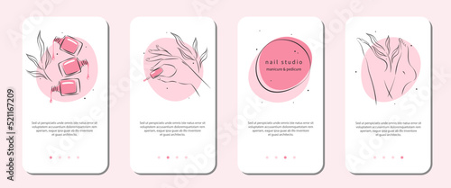 Nail studio or salon icon set for mobile apps, social media posts and stories. Beautiful female hands and legs, nail polish. Vector illustrations