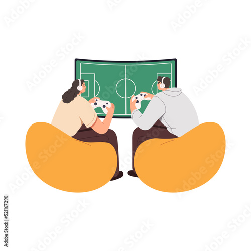 Love couple playing online video game, sitting in front of TV screen with soccer, sports videogame. Man and woman players gamers with consoles. Flat vector illustration isolated on white background