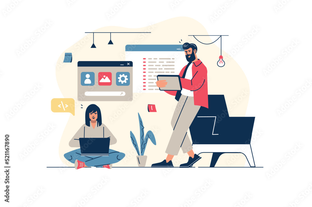 UI UX programming concept in flat line design with people scene. Woman ...