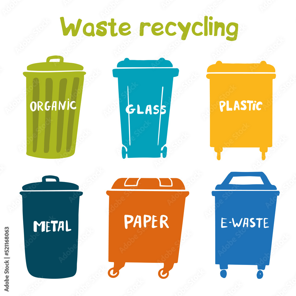 Trash cans with name of garbage set. Recycling of different materials