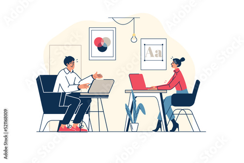 Creative agency concept in flat line design with people scene. Woman and man working as designers and artists, creating new ideas for projects, discussing tasks at office. Vector illustration for web © Andrey