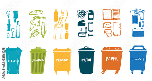 Trash cans with name and illustration of garbage  illustration set. Recycling of different materials. Vector silhouette illustration isolated on white background.