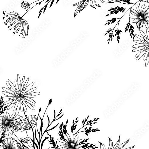Square frame with decorative wild meadow flowers. Hand drawn black and white vector illustration.