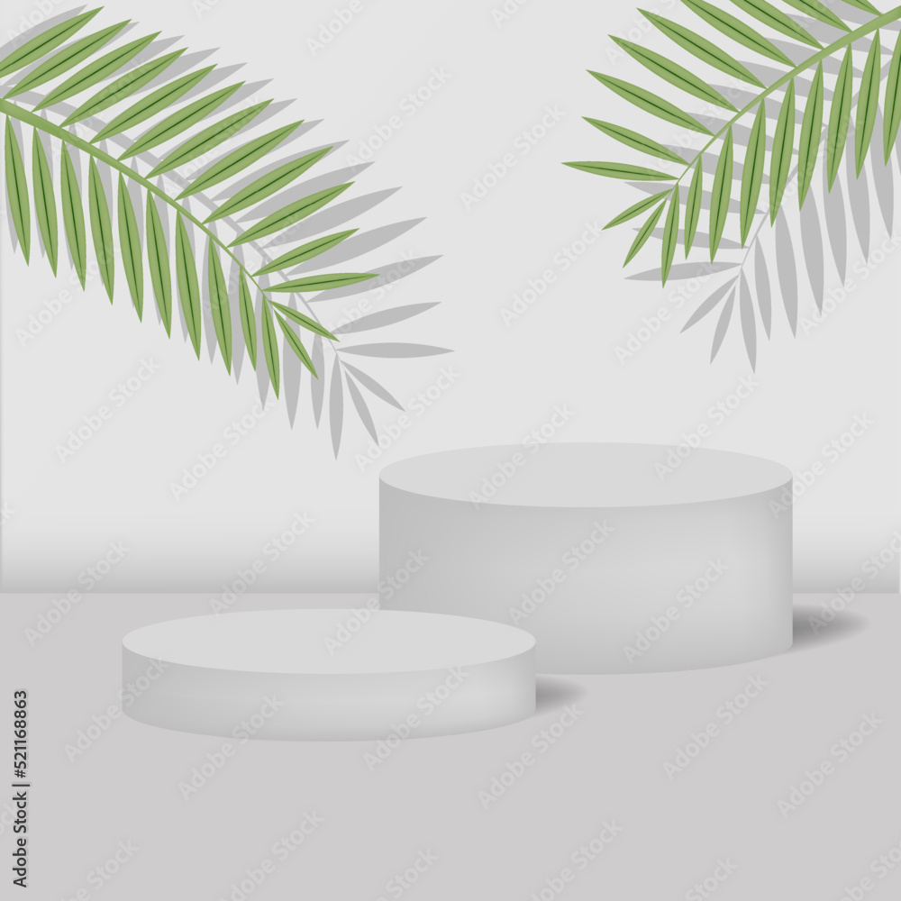 Illustration with a background podium. A stand for a cosmetic product. Empty scene with palm leaves. Vector. Illustration with a background podium. A stand for a cosmetic product. Empty scene with palm leaves. Vector.