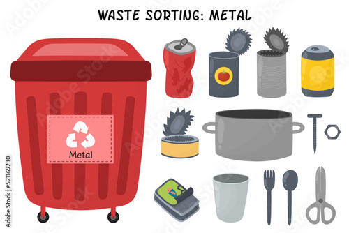 Metal waste sorting set. Red trash can for aluminium garbage with cans. Separating and recycling objects collection. Vector illustration