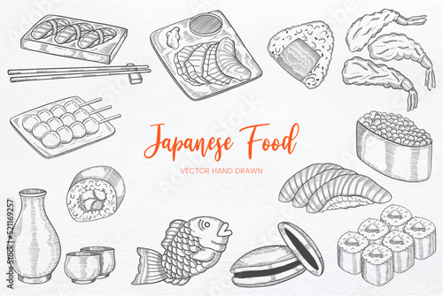 Japan or japanese food set collection with hand drawn sketch vector