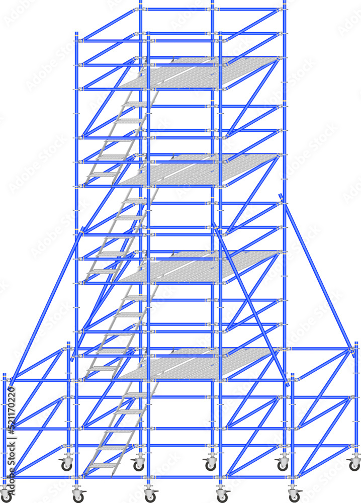 Mobile scaffolding, white background, used in construction areas. Mobile scaffolding, white background, used in construction areas.