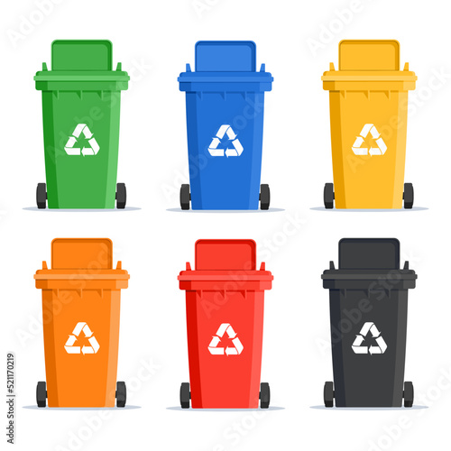 6 Color garbage bin with recycle icon isolated on white background. Vector illustration flat design for banner, poster, and background.