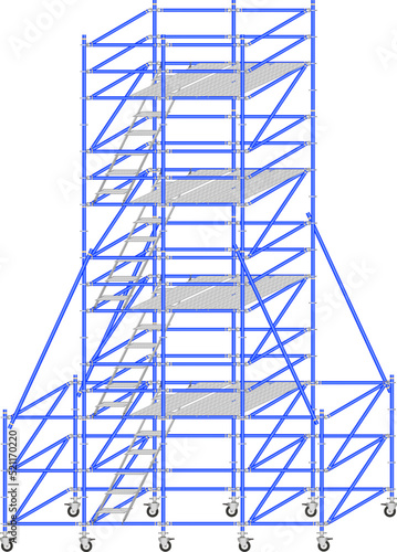 Mobile scaffolding, white background, used in construction areas.