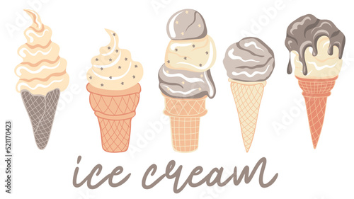 Collection of vanilla and chocolate ice cream in wafer cone isolated on white background. Sweet dessert. Vector illustration